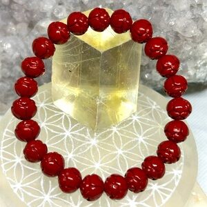 Red Cinnabar Lotus Carved Stretch Bracelet